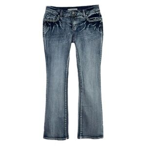 Cato Acid Wash Rhinestone Bling Medallion Pocket Bootcut Jeans - Petite